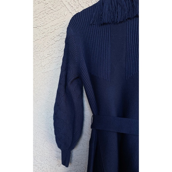 KOBI HALPERIN NWT Luxe Wool Knit Navy Blue Monica Fringe Belted Cardigan Sweater - Picture 12 of 16